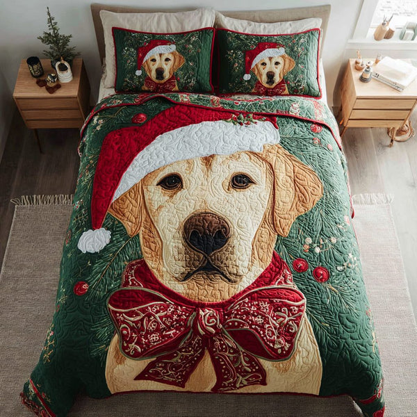 Holiday Labrador Retriever quilted 3-piece bedding set on a made bed in a winter-styled bedroom