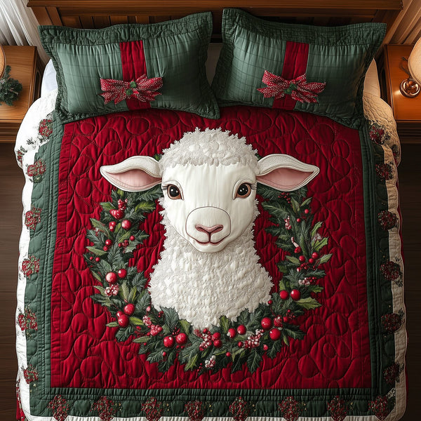 Holiday Lamb Nest quilted 3-piece bedding set on a made bed in a winter-styled bedroom