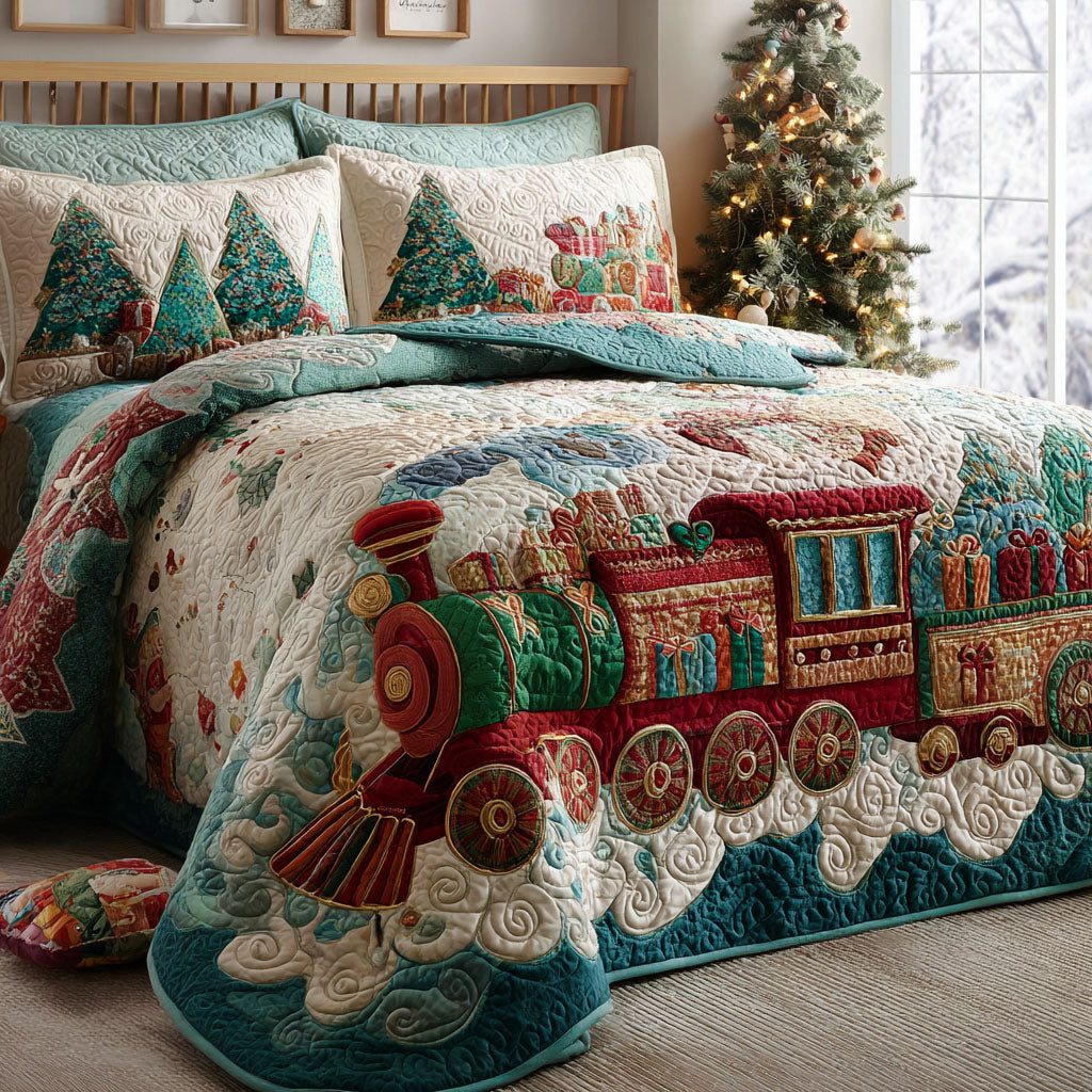 Holiday Locomotive quilted 3-piece bedding set on a made bed in a winter-styled bedroom
