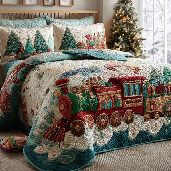 Holiday Locomotive quilted 3-piece bedding set on a made bed in a winter-styled bedroom