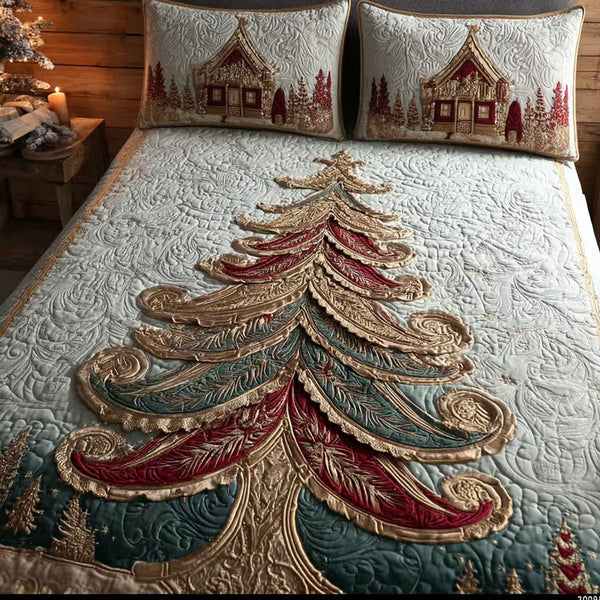 Holiday Lodge quilted 3-piece bedding set on a made bed in a winter-styled bedroom