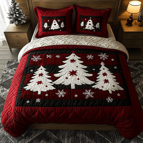 Holiday Magic quilted 3-piece bedding set on a made bed in a winter-styled bedroom