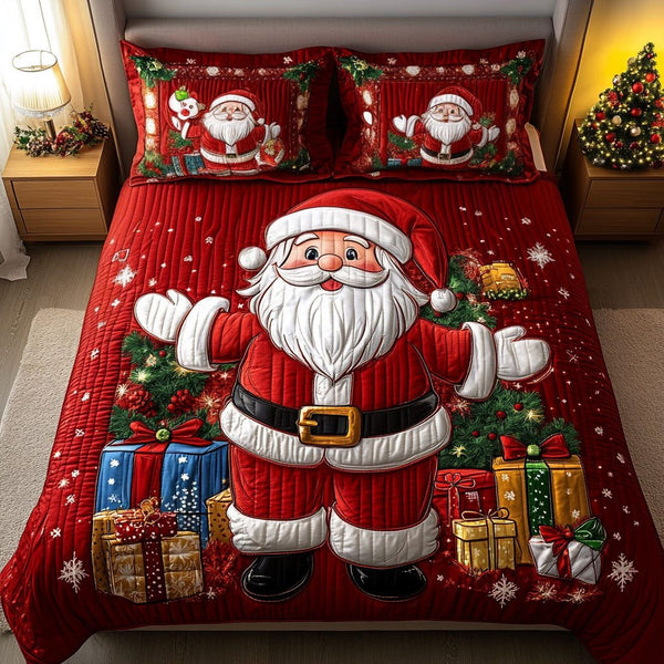 Holiday Magic quilted 3-piece bedding set on a made bed in a winter-styled bedroom