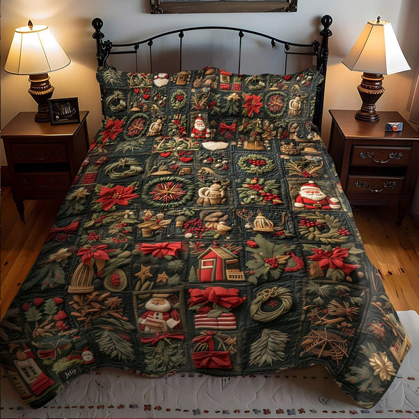 Holiday Magic quilted 3-piece bedding set on a made bed in a winter-styled bedroom