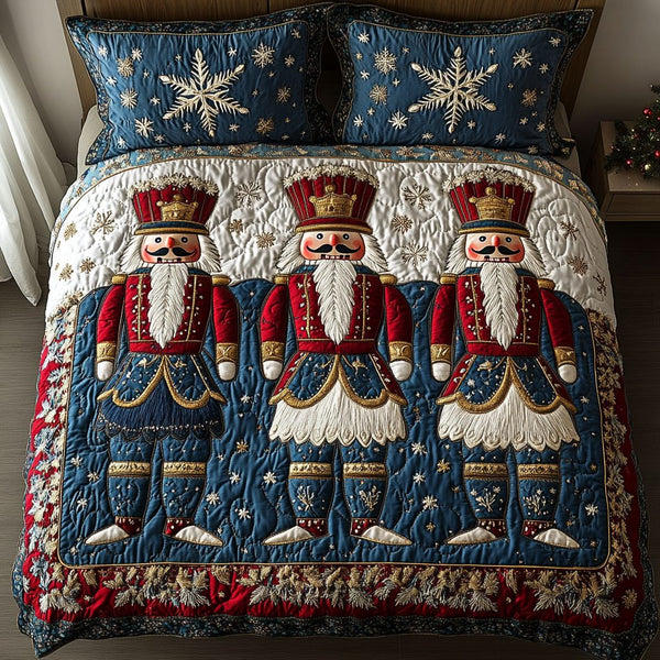 Holiday March quilted 3-piece bedding set on a made bed in a winter-styled bedroom