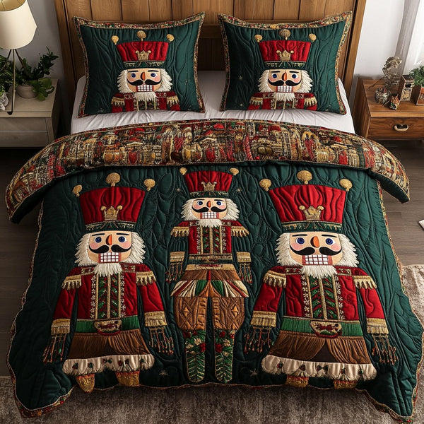 Holiday Nutcracker Charm quilted 3-piece bedding set on a made bed in a winter-styled bedroom