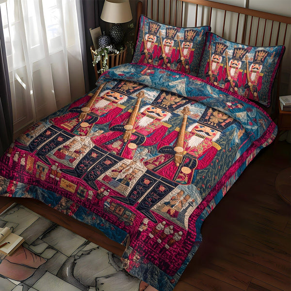 Holiday Nutcracker quilted 3-piece bedding set on a made bed in a winter-styled bedroom