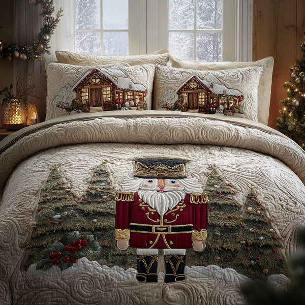 Holiday Nutcrackers quilted 3-piece bedding set on a made bed in a winter-styled bedroom