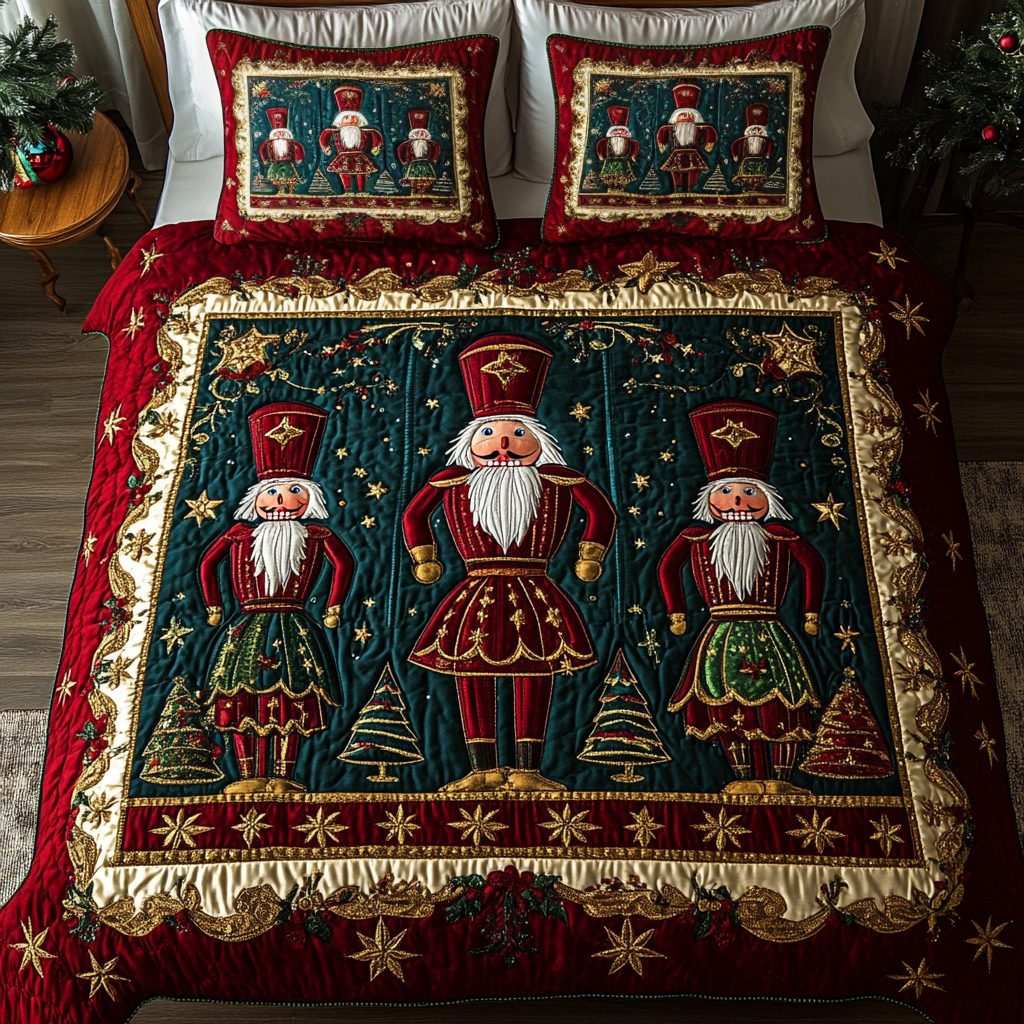 Holiday Nutcrackers quilted 3-piece bedding set on a made bed in a winter-styled bedroom