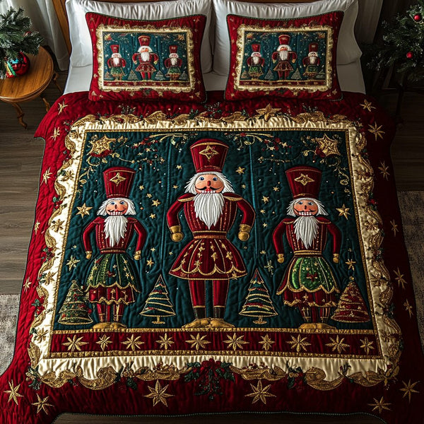 Holiday Nutcrackers quilted 3-piece bedding set on a made bed in a winter-styled bedroom