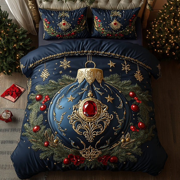 Holiday Opulence quilted 3-piece bedding set on a made bed in a winter-styled bedroom