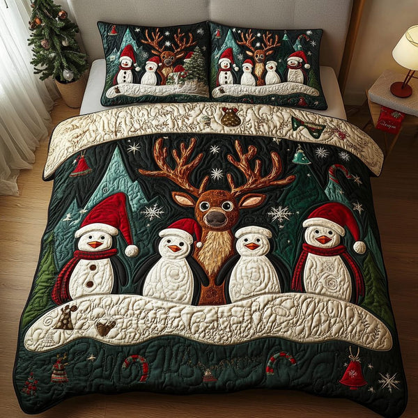 Holiday Penguin Magic quilted 3-piece bedding set on a made bed in a winter-styled bedroom