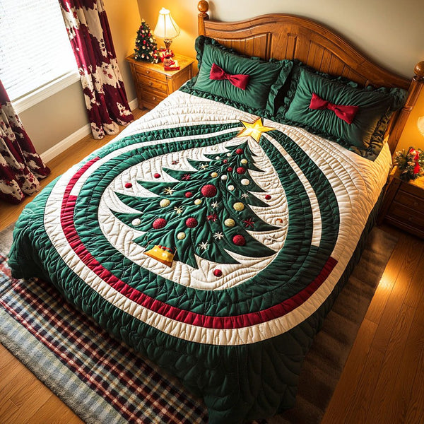 Holiday Pine quilted 3-piece bedding set on a made bed in a winter-styled bedroom
