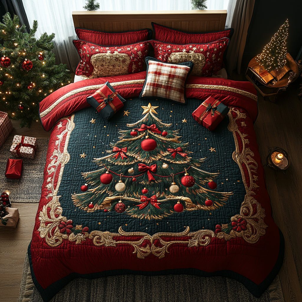 Holiday Pines quilted 3-piece bedding set on a made bed in a winter-styled bedroom