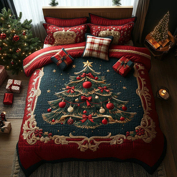 Holiday Pines quilted 3-piece bedding set on a made bed in a winter-styled bedroom