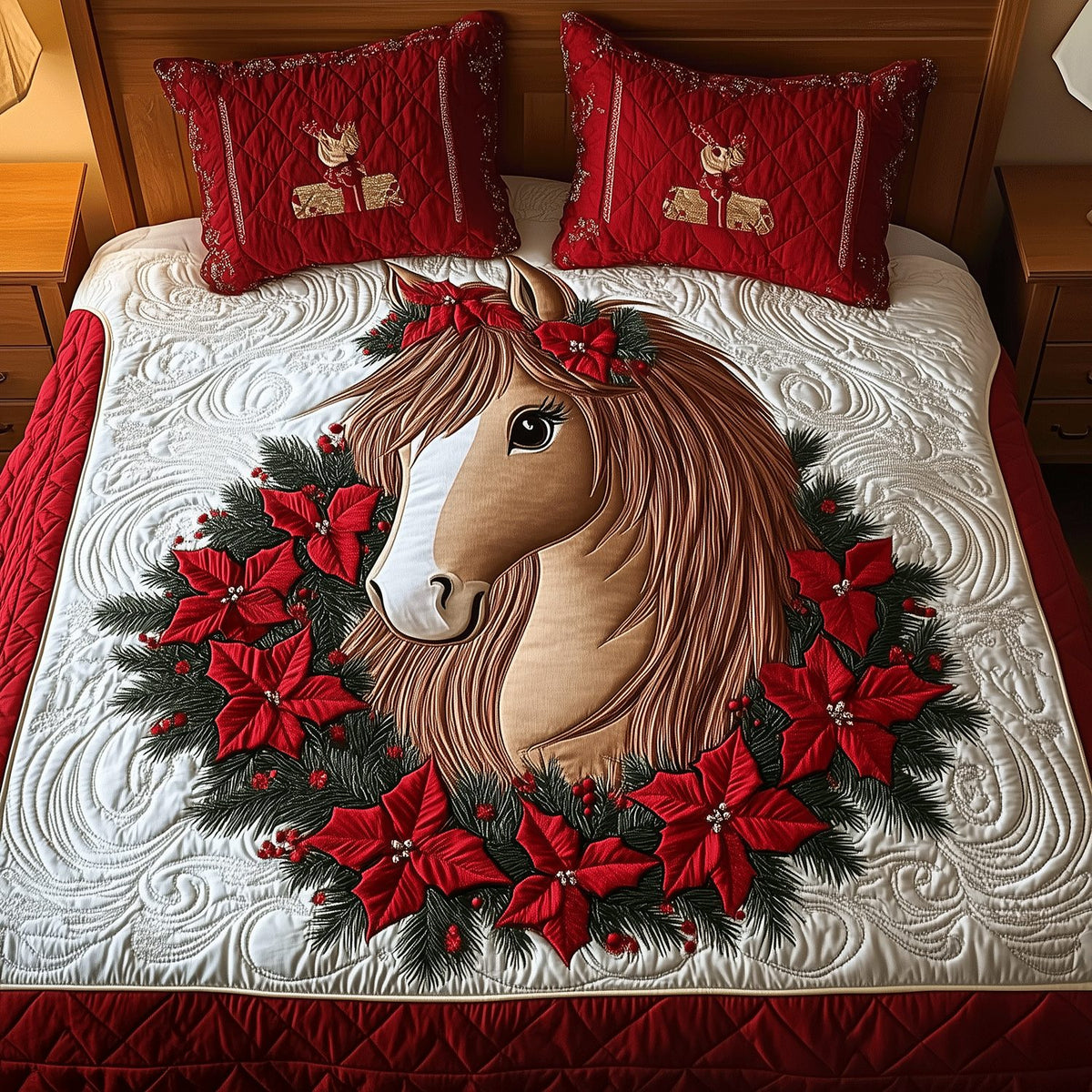 Holiday Pony Bliss quilted 3-piece bedding set on a made bed in a winter-styled bedroom