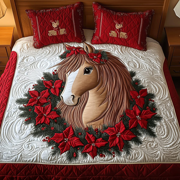 Holiday Pony Bliss quilted 3-piece bedding set on a made bed in a winter-styled bedroom
