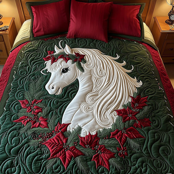 Holiday Pony Delight quilted 3-piece bedding set on a made bed in a winter-styled bedroom