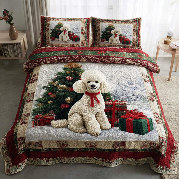 Holiday Poodle quilted 3-piece bedding set on a made bed in a winter-styled bedroom
