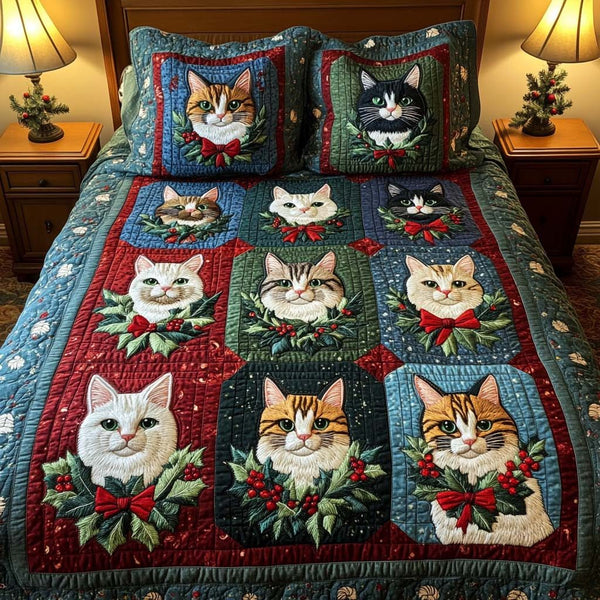 Holiday Purrfection quilted 3-piece bedding set on a made bed in a winter-styled bedroom