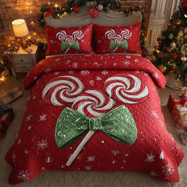 Holiday Ribbon Dreams quilted 3-piece bedding set on a made bed in a winter-styled bedroom
