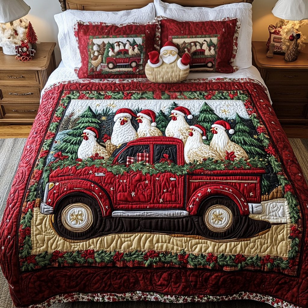 Holiday Ride quilted 3-piece bedding set on a made bed in a winter-styled bedroom