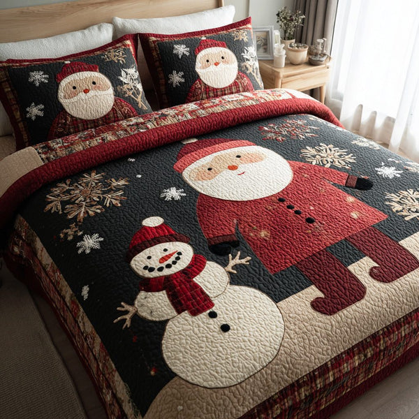 Holiday Santa Claus quilted 3-piece bedding set on a made bed in a winter-styled bedroom