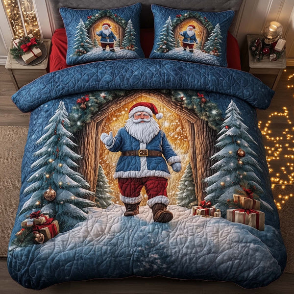 Holiday Santa Delight quilted 3-piece bedding set on a made bed in a winter-styled bedroom
