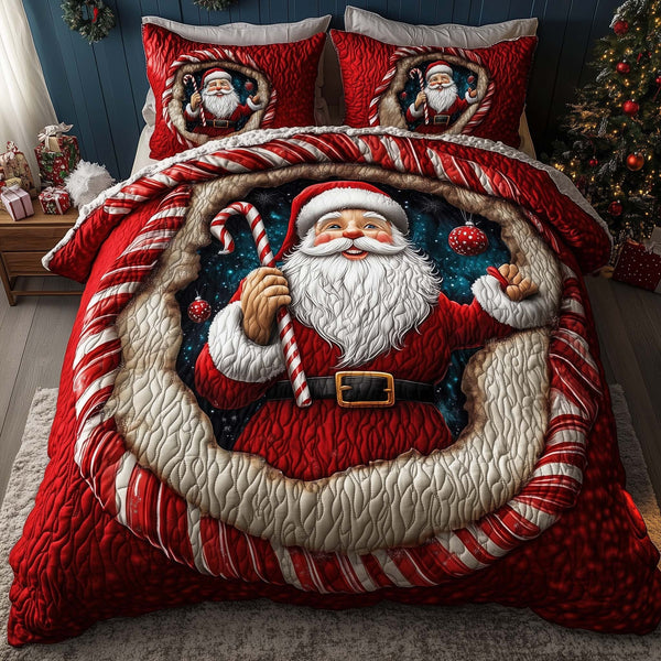 Holiday Santa Delight quilted 3-piece bedding set on a made bed in a winter-styled bedroom