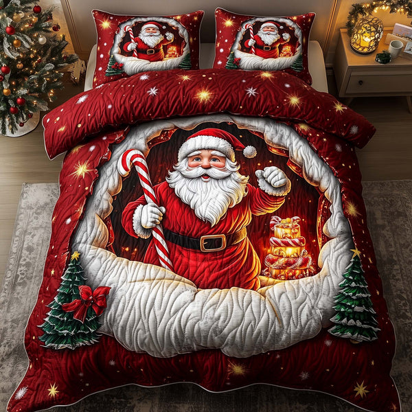 Holiday Santa Delight quilted 3-piece bedding set on a made bed in a winter-styled bedroom