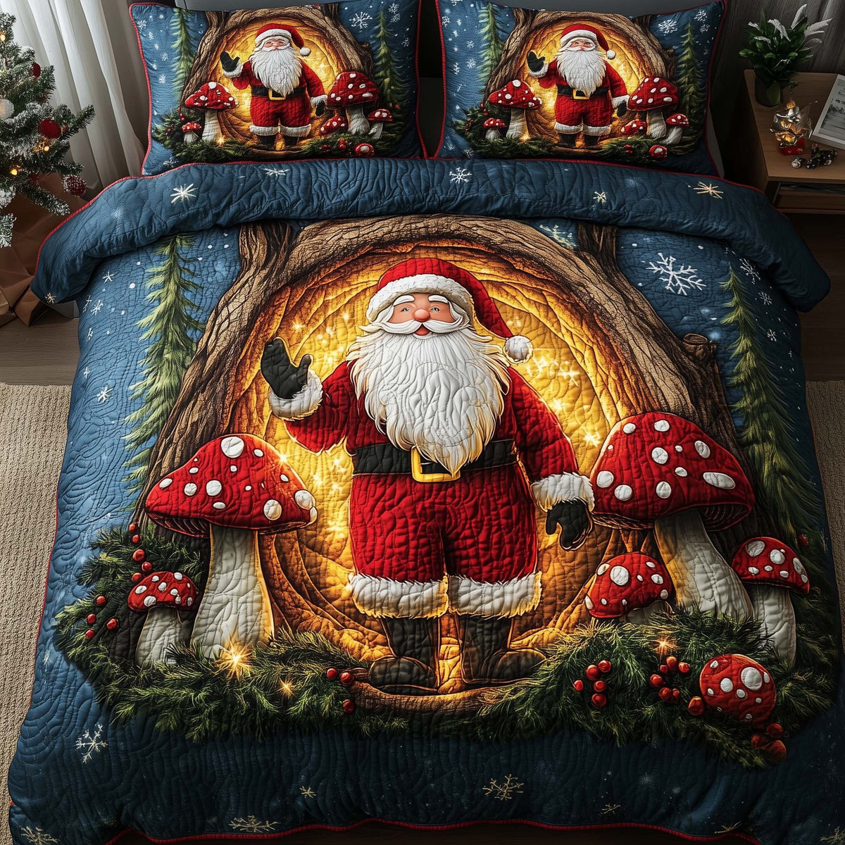 Holiday Santa Delight quilted 3-piece bedding set on a made bed in a winter-styled bedroom