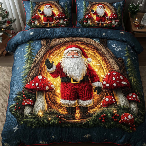 Holiday Santa Delight quilted 3-piece bedding set on a made bed in a winter-styled bedroom