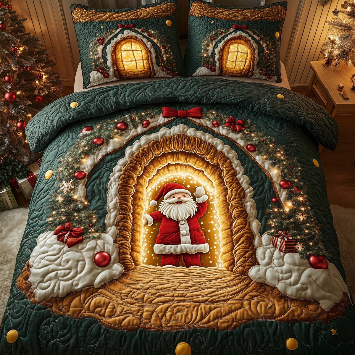 Holiday Santa Delight quilted 3-piece bedding set on a made bed in a winter-styled bedroom