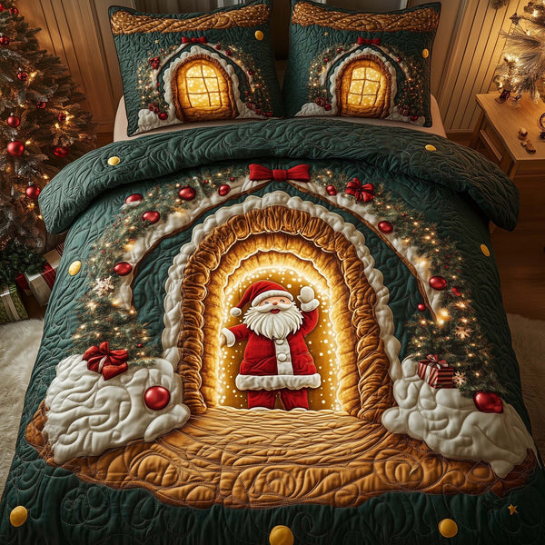 Holiday Santa Delight quilted 3-piece bedding set on a made bed in a winter-styled bedroom