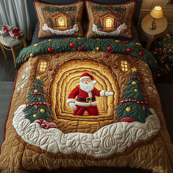 Holiday Santa Delight quilted 3-piece bedding set on a made bed in a winter-styled bedroom