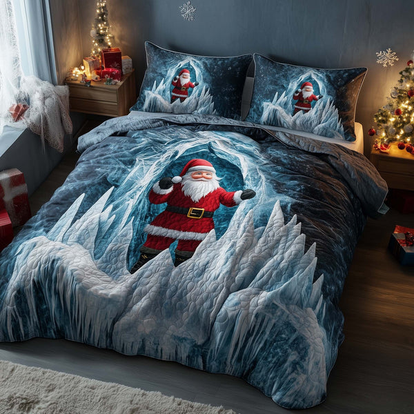 Holiday Santa Delight quilted 3-piece bedding set on a made bed in a winter-styled bedroom