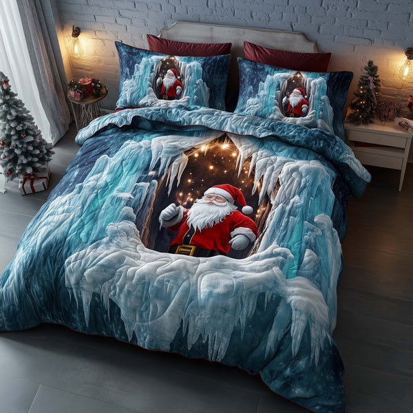 Holiday Santa Delight quilted 3-piece bedding set on a made bed in a winter-styled bedroom