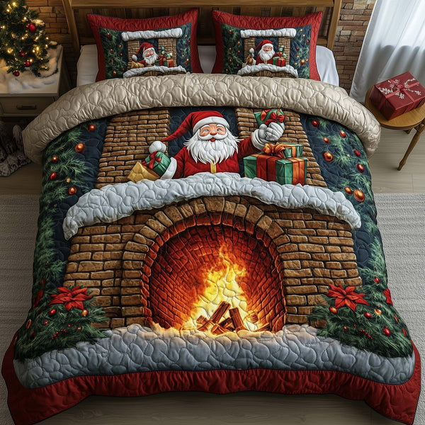 Holiday Santa Delight quilted 3-piece bedding set on a made bed in a winter-styled bedroom