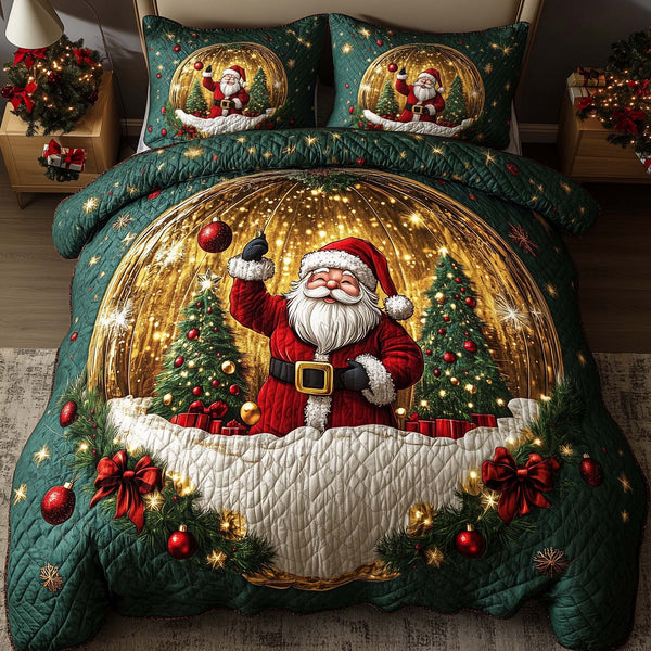 Holiday Santa Delight quilted 3-piece bedding set on a made bed in a winter-styled bedroom