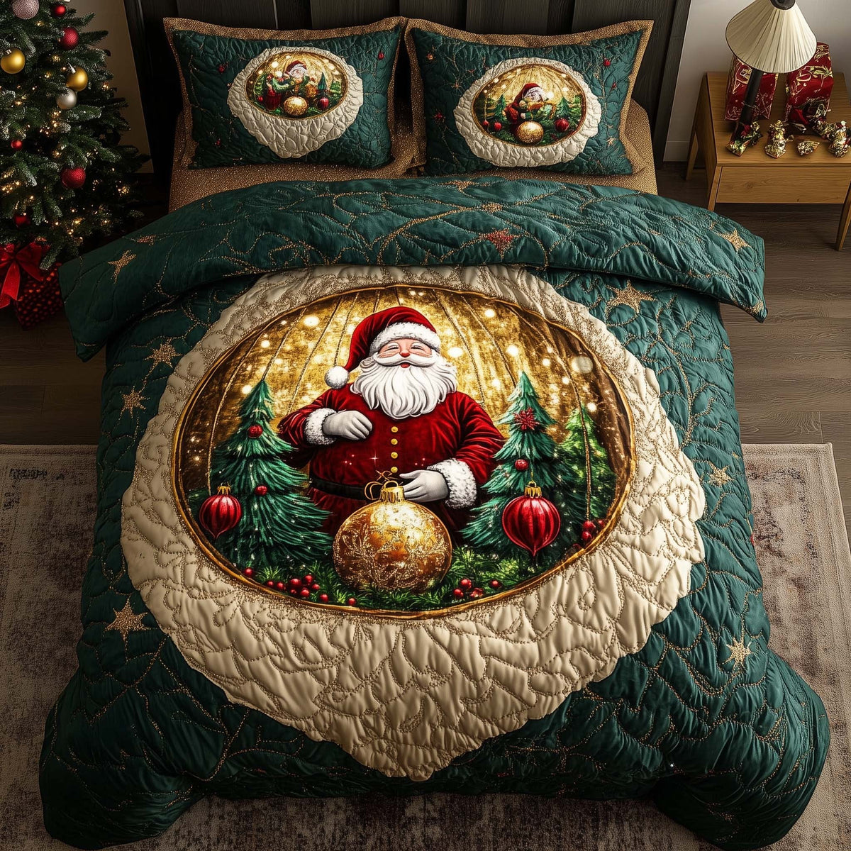 Holiday Santa Delight quilted 3-piece bedding set on a made bed in a winter-styled bedroom