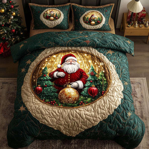Holiday Santa Delight quilted 3-piece bedding set on a made bed in a winter-styled bedroom