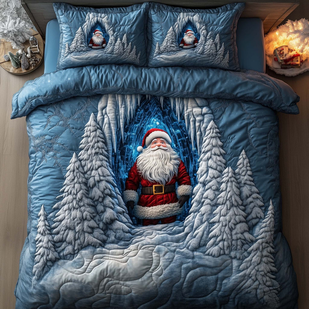 Holiday Santa Delight quilted 3-piece bedding set on a made bed in a winter-styled bedroom