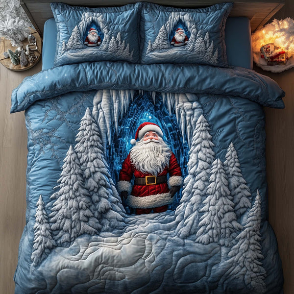 Holiday Santa Delight quilted 3-piece bedding set on a made bed in a winter-styled bedroom