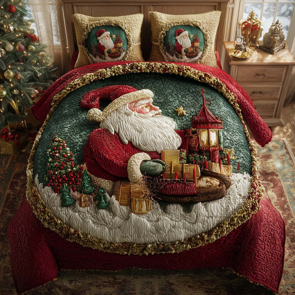 Holiday Santa Delight quilted 3-piece bedding set on a made bed in a winter-styled bedroom