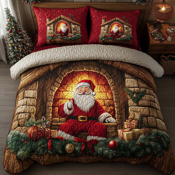 Holiday Santa Delight quilted 3-piece bedding set on a made bed in a winter-styled bedroom