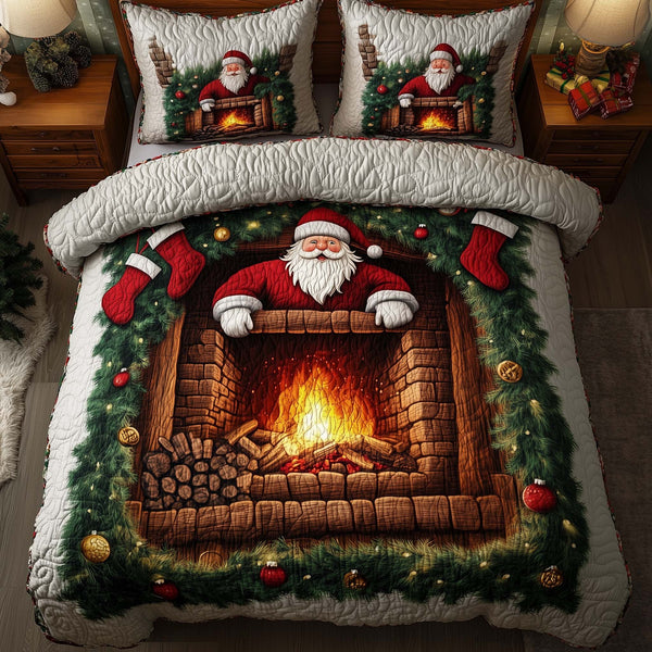 Holiday Santa Delight quilted 3-piece bedding set on a made bed in a winter-styled bedroom