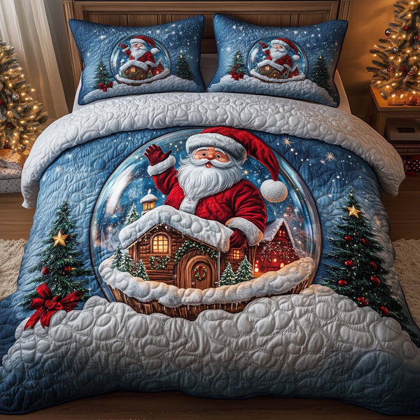 Holiday Santa Delight quilted 3-piece bedding set on a made bed in a winter-styled bedroom