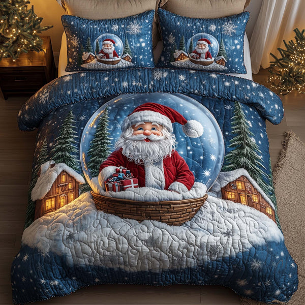 Holiday Santa Delight quilted 3-piece bedding set on a made bed in a winter-styled bedroom