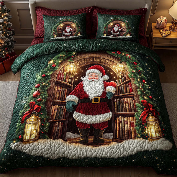 Holiday Santa Delight quilted 3-piece bedding set on a made bed in a winter-styled bedroom