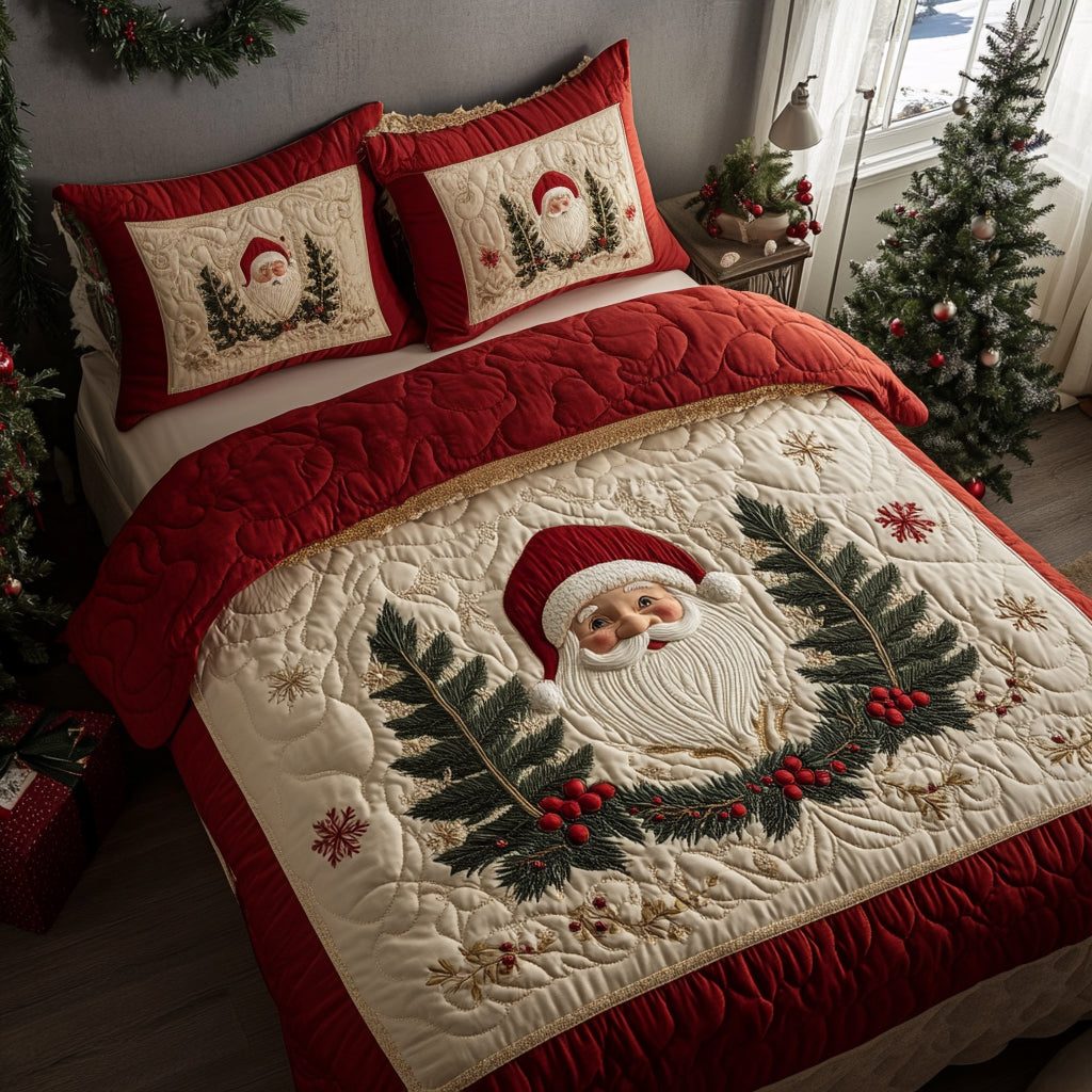 Holiday Santa quilted 3-piece bedding set on a made bed in a winter-styled bedroom